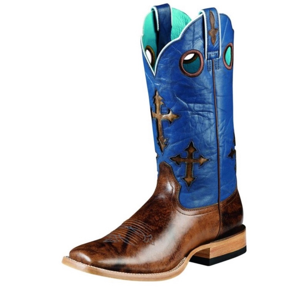 Ariat Men’s Blue and Brown Leather Square Toe Ranchero Cowboy Boots Size 11